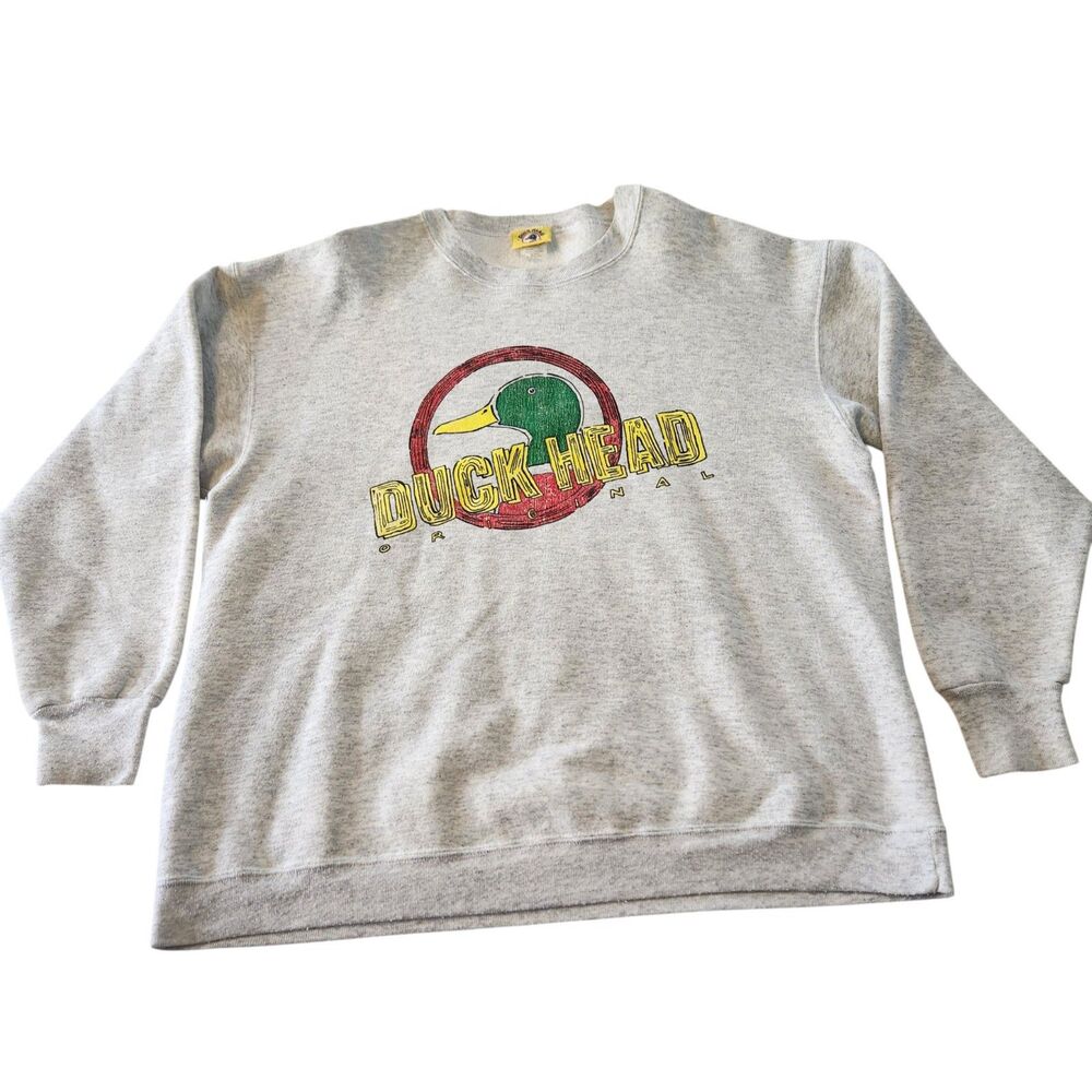 Vintage 90s Duck Head Original Graphic Gray Sweatshirt Size XL Made in U.S.A.